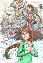 Rule 34 | 1girl, ahoge, aircraft, airplane, armor, bible (object), blue eyes, bow, braid, brown hair, christ-chan, cliff, collared dress, cross, dated, dress, gold trim, green bow, grin, gun, hair bow, hexagon, highres, interlocked fingers, jewelry, long braid, mecha, necklace, outdoors, own hands together, paolo aninag, pauldrons, power armor, rifle, robot, shoulder armor, signature, single braid, smile, solo focus, standing, tagme, thought bubble, warhammer 40k, weapon