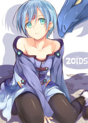 Rule 34 | 1girl, bare shoulders, between legs, black footwear, black pantyhose, blue hair, boots, character request, collarbone, copyright name, earrings, facial mark, forehead mark, green eyes, hand between legs, jewelry, knee boots, long sleeves, nozomi tsubame, out of frame, pantyhose, ryss, short hair, sitting, sjprt, solo focus, strapless, zoids, zoids chaotic century