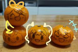 Rule 34 | +++, blush, bow, brother and sister, closed eyes, commentary request, food, food art, fruit, hair bow, hair ornament, hairclip, highres, kagamine len, kagamine rin, mandarin orange, open mouth, photo (medium), project sekai, siblings, sidelocks, smile, taro14 tea, tenma saki, tenma tsukasa, twintails, unconventional media, vocaloid