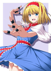 Rule 34 | 1girl, alice margatroid, bad perspective, blonde hair, blue dress, blue eyes, blush, capelet, cowboy shot, dress, foreshortening, frills, hairband, highres, jewelry, lolita hairband, looking at viewer, neck ribbon, nori tamago, puffy short sleeves, puffy sleeves, puppet rings, puppet strings, red ribbon, ribbon, ring, sash, short hair, short sleeves, smile, solo, string, touhou
