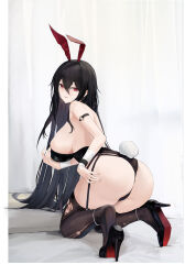 Rule 34 | 1girl, absurdres, animal ears, anklet, ass, azur lane, bare shoulders, black footwear, black hair, black thighhighs, border, breasts, fake animal ears, fake tail, from behind, hair between eyes, hand on own chest, high heels, highleg, highleg leotard, highres, huge breasts, jewelry, kneeling, leotard, long hair, nail polish, o-ring arm strap, parted lips, playboy bunny, rabbit ears, rabbit tail, red eyes, smile, solo, strapless, strapless leotard, suo bu ye feng, taihou (azur lane), tail, thighhighs, thighs, thong leotard, torn clothes, torn thighhighs, very long hair, white border, wrist cuffs