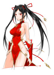Rule 34 | bad id, bad pixiv id, bare shoulders, black hair, breasts, china dress, chinese clothes, covered navel, dress, earrings, hair ribbon, highres, jewelry, kyuusugi toku, long hair, looking at viewer, original, pelvic curtain, red eyes, red ribbon, ribbon, sideboob, skin tight, solo, twintails, very long hair