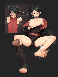 Rule 34 | 1girl, armpits, arms behind head, arms up, bare shoulders, barefoot, beeeeen, belt, black eyes, black jacket, boruto: naruto next generations, boruto: two blue vortex, breasts, choker, commentary, cum, cum on body, cum on feet, disembodied penis, dual persona, elbow gloves, feet, forehead protector, glasses, gloves, headband, highres, jacket, konohagakure symbol, korean commentary, legs, licking lips, looking at viewer, medium breasts, mixed-language commentary, naruto (series), nipple piercing, nipple tag, nipples, no bra, off shoulder, one breast out, open clothes, open jacket, panties, panty peek, parted lips, penis, piercing, red-framed eyewear, sharingan, shirt, shoes, short hair, short shorts, shorts, single bare leg, single shoe, soles, steaming body, strapless, strapless shirt, testicles, toeless footwear, toenails, toes, tongue, tongue out, tube top, uchiha sarada, uchiha symbol, underwear, unworn shoes, upshorts, variant set, zipper, zipper pull tab