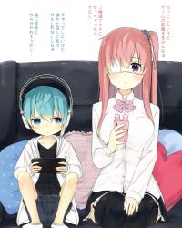 Rule 34 | 1boy, 1girl, black thighhighs, blue hair, cellphone, eyepatch, headphones, japanese text, nei (os), nintendo switch, one side up, original, os (os fresa), phone, pink hair, playing games, shorts, sitting, smartphone, souta (os), thighhighs, translation request, twitter username