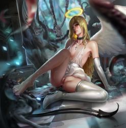 Rule 34 | 1girl, anal beads, angel, angel wings, arm support, armpits, bad id, bad pixiv id, bare shoulders, barefoot, blonde hair, blurry, boots, breasts, censored, chain, cleft of venus, closed mouth, collar, collarbone, covered erect nipples, cross, cross necklace, depth of field, elbow gloves, feet, gloves, halo, high heel boots, high heels, jewelry, long hair, looking at viewer, mosaic censoring, necklace, original, pussy, sarena, sex toy, shoes, single shoe, sitting, small breasts, smile, solo focus, spread legs, tattoo, thigh boots, thighhighs, toes, white footwear, white gloves, wings, yellow eyes
