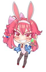 Rule 34 | 1girl, absurdres, animal ears, blue jacket, blush, bow, braid, braided ponytail, breasts, champagne flute, chibi, commentary request, cookie (touhou), cup, detached collar, drink, drinking glass, fake animal ears, full body, grey pantyhose, grin, hair between eyes, hairband, high side ponytail, highres, jacket, leotard, long hair, long sleeves, looking at viewer, medium bangs, necktie, open clothes, open jacket, pantyhose, pink eyes, pink hair, pink leotard, playboy bunny, pyukasshori, rabbit ears, red footwear, red necktie, sasorihime (cookie), simple background, small breasts, smile, solo, strapless, strapless leotard, tray, v-shaped eyebrows, white background