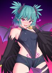 Rule 34 | 1girl, absurdres, bare shoulders, bat wings, black feathers, black wings, blush, breasts, claws, commentary request, covered navel, drooling, eploov, feathered wings, feathers, gradient background, harpy, heart, heart-shaped pupils, heart tattoo, highres, horns, indie virtual youtuber, lincoro, monster girl, navel piercing, open mouth, piercing, pink background, pointy ears, purple background, red eyes, short hair, short twintails, shorts, small breasts, solo, stomach tattoo, symbol-shaped pupils, tail, tattoo, tentacle in ear, twintails, virtual youtuber, winged arms, wings