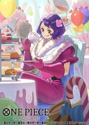 Rule 34 | 1girl, balloon, candy, candy cane, charlotte custard, commentary request, crossed legs, cup, flower, food, gloves, hair flower, hair ornament, holding, holding cup, holding plate, official art, one piece, one piece card game, otton, pastry, pink gloves, plate, purple hair, short hair, solo, table, tongue, tongue out