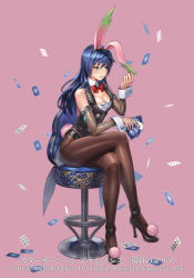 Rule 34 | 1girl, animal ears, blue hair, breasts, buttons, card, chair, cleavage, closed mouth, commentary request, company connection, copyright name, crossed legs, cuboon, detached collar, fake animal ears, fishnet pantyhose, fishnets, full body, green eyes, high heels, holding, leotard, lips, long hair, maria traydor, medium breasts, official art, pantyhose, pink background, playboy bunny, pom pom (clothes), rabbit ears, rabbit tail, shiny clothes, simple background, sitting, sleeveless, solo, star ocean, star ocean anamnesis, tail, wrist cuffs