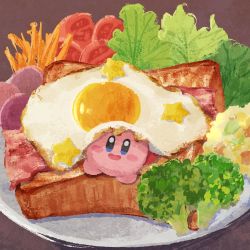 Rule 34 | bacon, blush, bread slice, broccoli, colored skin, food, fried egg, fried egg on toast, highres, kirby, kirby (series), miclot, nintendo, no humans, open mouth, pink skin, plate, simple background, sparkling eyes, star (symbol), toast, tomato, vegetable