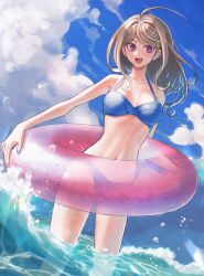 Rule 34 | 1girl, :d, absurdres, ahoge, akamatsu kaede, alternate costume, bare arms, bare shoulders, bikini, blonde hair, blue bikini, breasts, cleavage, commentary, danganronpa (series), danganronpa s: ultimate summer camp, danganronpa v3: killing harmony, day, fortissimo, hair ornament, highres, innertube, large breasts, long hair, looking at viewer, musical note, musical note hair ornament, navel, official alternate costume, open mouth, outdoors, pink eyes, smile, solo, stomach, swim ring, swimsuit, symbol-only commentary, teeth, upper teeth only, visket53, wading, water