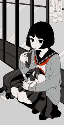 Rule 34 | 1girl, animal, bad id, bad pixiv id, bag, black hair, cat, charm (object), colored skin, commentary request, food, greyscale, holding, holding animal, holding cat, loafers, long sleeves, looking at viewer, monochrome, neckerchief, nerinerinerino, original, pleated skirt, red neckerchief, sailor collar, school bag, school uniform, serafuku, shoes, short hair, skirt, solo, spot color, squatting, white skin