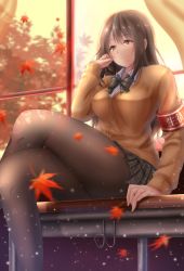 Rule 34 | 1girl, armband, autumn leaves, black pantyhose, bow, bowtie, brown hair, brown sweater, cardigan, closed mouth, collared shirt, commentary request, crossed legs, curtains, denpa (denpae29), desk, dress shirt, evening, falling leaves, green bow, green bowtie, green skirt, half-closed eyes, hand up, highres, indoors, leaf, light particles, long hair, long sleeves, looking at viewer, maple leaf, mole, mole under eye, motion blur, on desk, open window, original, pantyhose, plaid, plaid skirt, pleated skirt, school desk, school uniform, shirt, sitting, skirt, sky, smile, solo, striped bow, striped bowtie, striped clothes, striped neckwear, sweater, thick thighs, thighs, tree, white shirt, wind, window, wing collar, yellow eyes, yellow sky