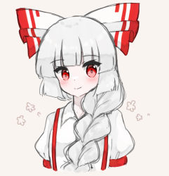 Rule 34 | 1girl, alternate hairstyle, blush, bow, braid, breasts, closed mouth, collarbone, collared shirt, commentary request, flower, fujiwara no mokou, grey background, grey flower, grey hair, hair bow, highres, hime cut, koharu66353343, long hair, looking to the side, medium breasts, puffy short sleeves, puffy sleeves, red bow, red eyes, shirt, short sleeves, simple background, smile, solo, suspenders, touhou, white bow, white shirt