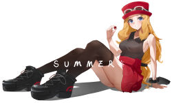 Rule 34 | 1girl, absurdres, arm support, ass, black footwear, blonde hair, blue eyes, blush, collared shirt, commentary request, creatures (company), eyelashes, eyewear on headwear, full body, game freak, hat, high-waist skirt, highres, holding, holding poke ball, long hair, looking at viewer, mega ring, nintendo, poke ball, poke ball (basic), pokemon, pokemon xy, red hat, red skirt, serena (pokemon), shirt, shoes, sitting, skirt, sleeveless, sleeveless shirt, smile, solo, summer (724788381), sunglasses, thighhighs, white-framed eyewear