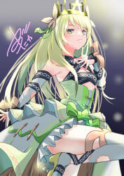 Rule 34 | 1girl, absurdres, blonde hair, bow, breasts, butterfly hair ornament, celine (fire emblem), cleavage, closed mouth, crown, detached sleeves, dress, fire emblem, fire emblem engage, green dress, green eyes, green ribbon, hair ornament, hair ribbon, highres, leg up, long hair, looking at viewer, medaka digital, nintendo, orange bow, ribbon, small breasts, solo, thighhighs, very long hair, white thighhighs, wrist bow