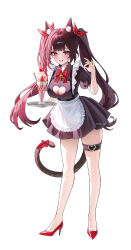 1girl absurdres alternate_costume animal_ears apron black_dress breasts brown_hair cat_ears cat_tail cleavage dress enmaided full_body hand_up high_heels highres honkai:_star_rail honkai_(series) ice_cream_cup long_hair looking_at_viewer maid maid_apron mella_(mell_a12) parted_lips red_footwear short_sleeves simple_background smile sparkle sparkle_(honkai:_star_rail) standing tail tray twintails very_long_hair white_background