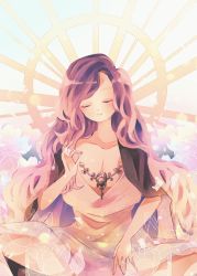 Rule 34 | 1girl, blush, breasts, cleavage, closed eyes, closed mouth, commentary request, dress, feet out of frame, highres, hijiri byakuren, indian style, jewelry, large breasts, long hair, mudra, necklace, purple hair, ratto (mobilis 1870), sitting, smile, solo, touhou, vitarka mudra, wavy hair, white dress