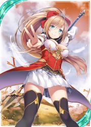 Rule 34 | 1girl, akkijin, blue eyes, breasts, brown hair, card (medium), feathers, field, frilled skirt, frills, hair ribbon, lance, looking at viewer, medium breasts, orange sky, polearm, ponytail, red ribbon, ribbon, shinkai no valkyrie, skirt, sky, smile, solo, sword, thighhighs, trident, v, weapon