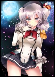 Rule 34 | 10s, 1girl, breasts, buttons, cherry blossoms, epaulettes, female focus, full moon, gloves, grey hair, hand on leg, ichiyou moka, jacket, kantai collection, kashima (kancolle), large breasts, looking at viewer, military, military uniform, miniskirt, moon, night, petals, sidelocks, sketch, skirt, smile, solo, tsurime, twintails, uniform, wavy hair, white gloves