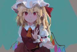 Rule 34 | 1girl, aqua background, ascot, blonde hair, blush, closed mouth, crystal, flandre scarlet, frilled cuffs, hair ribbon, hat, looking at viewer, medium hair, mob cap, one side up, pointy ears, puffy short sleeves, puffy sleeves, red eyes, red ribbon, red skirt, red vest, reddizen, ribbon, short sleeves, simple background, sketch, skirt, slit pupils, solo, touhou, upper body, v-shaped eyebrows, vest, white hat, wings, wrist cuffs, yellow ascot