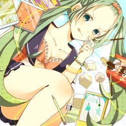 Rule 34 | 1girl, :q, bracelet, cellphone, earphones, food, forehead, green eyes, green hair, hatsune miku, jewelry, long hair, looking at viewer, matching hair/eyes, phone, pocky, solo, tongue, tongue out, twintails, very long hair, vocaloid