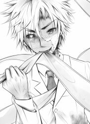Rule 34 | 1boy, black sclera, collared shirt, colored sclera, colored skin, commentary request, crack, cracked skin, dark-skinned male, dark skin, etzali, greyscale, grin, hair over one eye, hand up, heterochromia, holding, jacket, long bangs, long sleeves, looking at viewer, monochrome, multicolored skin, necktie, shin (highest1192), shirt, short hair, smile, solo, toaru majutsu no index, unabara mitsuki, v-shaped eyebrows