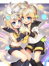 Rule 34 | 1boy, 1girl, :d, ahoge, bass clef, black sailor collar, black shorts, blonde hair, blue eyes, blush, bow, brother and sister, collarbone, commentary request, cowboy shot, crop top, detached sleeves, hair between eyes, hair bow, hair ornament, hairclip, highres, holding, holding star, kagamine len, kagamine rin, leeannpippisum, leg warmers, light particles, midriff, nail polish, navel, neckerchief, necktie, open mouth, sailor collar, shirt, short hair, short shorts, short sleeves, shorts, siblings, sidelocks, sleeveless, sleeveless shirt, sleeves past wrists, smile, star (symbol), streamers, swept bangs, treble clef, twins, vocaloid, white bow, white shirt, yellow neckerchief