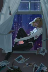 Rule 34 | 1girl, aqua footwear, ballet slippers, black hairband, blonde hair, blue eyes, bodysuit, breasts, cityscape, commentary, curtains, drawing, english commentary, gwen stacy, hairband, highres, hood, hood down, hooded bodysuit, leg hold, looking at viewer, lucia hsiang, marvel, night, no mask, one eye closed, open window, reclining, short hair, sitting in window, skin tight, small breasts, solo, spider-gwen, spider-man (series), superhero costume, wind, window, windowsill