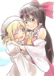 Rule 34 | 2girls, ;d, ascot, blonde hair, blush, bow, brown eyes, brown hair, detached sleeves, eye contact, ginnkei, hair bow, hair tubes, hakurei reimu, hat, hug, long hair, looking at another, luna child, multiple girls, one eye closed, open mouth, red eyes, simple background, smile, touhou, white background, wide sleeves, yuri