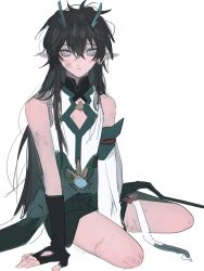 Rule 34 | 1boy, 6 factorial, :&lt;, absurdres, amputee, aqua eyes, arm at side, between legs, black gloves, black hair, black shorts, brooch, cleavage cutout, closed mouth, clothing cutout, collared shirt, dan heng (honkai: star rail), dan heng (imbibitor lunae) (honkai: star rail), detached sleeves, double amputee, earrings, fingerless gloves, frown, full body, gloves, green horns, green sash, hand between legs, hand rest, highres, honkai: star rail, honkai (series), horns, injury, invisible chair, jewelry, legless amputee, long hair, long sleeves, looking at viewer, male focus, messy hair, pointy ears, sash, scratches, shirt, shorts, sidelocks, simple background, single detached sleeve, single sleeve, sitting, sleeveless, sleeveless shirt, solo, very long hair, waist sash, white background, white shirt