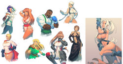 Rule 34 | 1boy, 6+girls, absurdres, adjusting hair, alternate color, alternate costume, antenna hair, belt, beret, black dress, black gloves, blonde hair, blue eyes, boxing gloves, braid, breasts, cammy white, capcom, cape, character request, chuck pires, cleavage, cleavage cutout, clothing cutout, collage, crossover, dark-skinned male, dark skin, dc comics, dead or alive, dress, dudley, dungeons &amp; dragons: shadow over mystara, dungeons &amp; dragons, elbow gloves, elf, facial hair, fighting stance, gensou suikoden, gensou suikoden iv, gloves, green gloves, hair over one eye, hat, highres, jeane (suikoden), kasumi (doa), konami, large breasts, leotard, long hair, lucia (d&amp;d), miang hawwa, multiple crossover, multiple girls, mustache, navel, navel cutout, panties, pantyhose, plunging neckline, pointy ears, ponytail, power girl, short hair, side-tie panties, skin tight, square enix, standing, street fighter, street fighter iii (series), superhero costume, superman (series), tan, taut clothes, tecmo, tunic, twin braids, underwear, very dark skin, white hair, xenogears