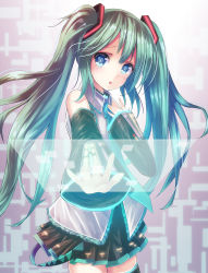 Rule 34 | 1girl, bad id, bad pixiv id, blue eyes, detached sleeves, green hair, hatsune miku, highres, holographic interface, long hair, necktie, skirt, solo, thighhighs, toritori (yakitoriya), twintails, vocaloid