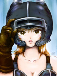 Rule 34 | 1girl, armor, bare shoulders, blush, breasts, brown eyes, brown gloves, brown hair, chibicco, cleavage, daisy (dq), dragon quest, dragon quest yuusha abel densetsu, fake horns, gloves, helmet, horned helmet, long hair, looking at viewer, medium breasts, simple background, solo