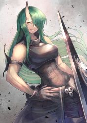 Rule 34 | 1girl, arknights, arm ribbon, armor, bare arms, bare shoulders, black gloves, black shirt, breastplate, breasts, commentary, cowboy shot, gloves, green hair, grey background, grin, hair over one eye, hand on own hip, hannya (arknights), highres, horns, hoshiguma (arknights), large breasts, long hair, looking at viewer, ohako (ohako1818), revision, ribbon, shield, shirt, single horn, sleeveless, sleeveless shirt, smile, solo, yellow eyes