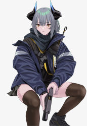 Rule 34 | 1girl, absurdres, arknights, black thighhighs, brown eyes, commentary, glock, grey hair, gun, handgun, highres, holding, holding gun, holding weapon, horns, id card, invisible chair, jacket, liskarm (arknights), pistol, shawl, sitting, solo, symbol-only commentary, thighhighs, watch, weapon, white background, wristwatch, yitiao er-hua