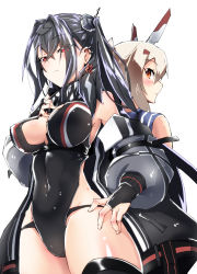 Rule 34 | 2girls, absurdres, ayanami (azur lane), azur lane, back-to-back, bandana, black bandana, black one-piece swimsuit, blue sailor collar, breasts, choker, cleavage, comiket 99, covered navel, cowboy shot, crop top, cross, cross choker, cross earrings, earrings, eyes visible through hair, front zipper swimsuit, headgear, high ponytail, highres, iron cross, jewelry, large breasts, long hair, looking at viewer, meme attire, multicolored hair, multiple girls, one-piece swimsuit, one side up, orange eyes, panties under swimsuit, platinum blonde hair, ponytail, red eyes, sailor collar, short hair, streaked hair, swimsuit, tenteru, u-47 (azur lane), unzipped