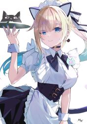 Rule 34 | 1girl, absurdres, aizawa ema, animal ears, apron, black bow, black bowtie, black skirt, blonde hair, blue eyes, blue hair, blue nails, blush, bow, bowtie, cat earrings, cat ears, cat tail, cattleya regina games, closed mouth, collared shirt, cowboy shot, eyes visible through hair, fake animal ears, fake tail, floating hair, frilled apron, frilled skirt, frills, gradient hair, hair over one eye, high ponytail, highres, holding, holding tray, long hair, maid, maid headdress, multicolored hair, nail polish, name tag, nekomochi, pleated skirt, shirt, sidelocks, simple background, skirt, smile, solo, tail, tray, virtual youtuber, vspo!, white apron, white background, white shirt, white wrist cuffs, wrist cuffs
