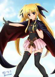 Rule 34 | 1girl, artist name, bardiche (nanoha), black gloves, black leotard, black thighhighs, blonde hair, blush, cape, closed mouth, covered navel, diesel-turbo, fate testarossa, fingerless gloves, gloves, hair ornament, hair ribbon, highres, leotard, long hair, looking at viewer, lyrical nanoha, magical girl, mahou shoujo lyrical nanoha, mahou shoujo lyrical nanoha a&#039;s, red eyes, ribbon, shiny skin, sky, smile, solo, thighhighs, twintails