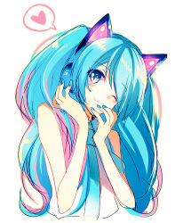 Rule 34 | 1girl, animal ear headphones, animal ears, axent wear, blue eyes, blue hair, blue nails, blush, cat ear headphones, fake animal ears, female focus, green eyes, green hair, hatsune miku, headphones, heart, long hair, matching hair/eyes, miyanagi, nail polish, necktie, one eye closed, simple background, smile, solo, twintails, vocaloid, wink