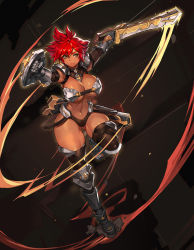 Rule 34 | 1girl, armor, armored boots, belt bra, bikini, bikini armor, black gloves, black thighhighs, boots, breasts, closed mouth, curvy, dark-skinned female, dark skin, elbow gloves, full body, gauntlets, gloves, gluteal fold, gurimjang, highres, holding, holding shield, holding sword, holding weapon, large breasts, looking at viewer, narrow waist, navel, original, red-haired warrior (gurimjang), red hair, revealing clothes, revision, sheath, shield, short hair, smile, solo, spiked hair, stomach, swimsuit, sword, thick thighs, thigh boots, thighhighs, thighs, weapon, wide hips, yellow eyes