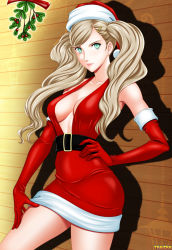 Rule 34 | 1girl, artist name, belt, belt buckle, black belt, blonde hair, breasts, buckle, christmas, cleavage, collarbone, commentary, dress, earrings, elbow gloves, english commentary, gloves, green eyes, hair ornament, hairclip, hand on own hip, hand on thigh, hat, highres, jewelry, long hair, looking at viewer, medium breasts, mistletoe, persona, persona 5, red dress, red gloves, santa costume, santa hat, shiny clothes, sleeveless, solo, standing, swept bangs, takamaki anne, tenzen (netspike), twintails, underboob, wooden wall