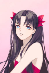 Rule 34 | 1girl, bad id, bad pixiv id, black hair, blue eyes, bow, danxing aipangzi, dress, fate/stay night, fate (series), hair bow, hair intakes, highres, long hair, looking at viewer, parted lips, pink background, red bow, red dress, solo, strapless, strapless dress, tohsaka rin, very long hair