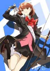 Rule 34 | 1girl, absurdres, arm up, arrow (projectile), asagao 21, black gloves, black jacket, black skirt, black socks, bow, bow (weapon), bowtie, brown eyes, brown footwear, brown hair, cardigan, choker, closed mouth, collared shirt, earrings, evoker, foot out of frame, foot up, gekkoukan high school uniform, gloves, hand up, highres, holding, holding arrow, holding bow (weapon), holding weapon, jacket, jewelry, light blush, looking at viewer, miniskirt, open clothes, open jacket, persona, persona 3, persona 3 reload, pink cardigan, pleated skirt, red bow, red bowtie, school uniform, shirt, short hair, single glove, skirt, smile, socks, solo, stud earrings, swept bangs, takeba yukari, thigh strap, tongue, tongue out, weapon, white choker, white shirt