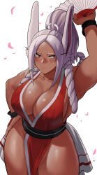 Rule 34 | 1girl, animal ears, arm up, blush, boku no hero academia, braid, breasts, cleavage, collarbone, cosplay, dark-skinned female, dark skin, female focus, groin, gud0c, hand fan, hand on own hip, highres, holding, holding fan, large breasts, long hair, mirko, paper fan, ponytail, rabbit ears, rabbit girl, red eyes, shiranui mai, shiranui mai (cosplay), sideboob, solo, the king of fighters, thick thighs, thighs, white background, white hair, wide hips, wristband