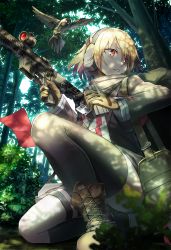 Rule 34 | 1girl, bird, blonde hair, boots, commentary request, eagle, forest, girls&#039; frontline, gloves, headphones, headset, id card, magazine (weapon), nature, red eyes, reloading, scope, scw (girls&#039; frontline), scw (gun), thighhighs, vikpie