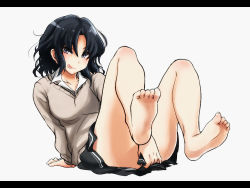 Rule 34 | 1girl, :p, amagami, arm support, bad feet, barefoot, covering privates, covering crotch, feet, full body, legs, letterboxed, lying, sakayama shinta, school uniform, soles, solo, sweater, tanamachi kaoru, tongue, tongue out