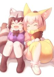 Rule 34 | 10s, 2girls, animal ear fluff, animal ears, between legs, black footwear, black hair, black neckwear, blonde hair, blouse, blush, bow, bowtie, breast pocket, closed eyes, commentary request, common raccoon (kemono friends), elbow gloves, extra ears, fang, fennec (kemono friends), fox ears, fox tail, fur trim, gloves, grey hair, hand on another&#039;s head, hugging own tail, hugging tail, kemono friends, knees together feet apart, mary janes, matsuu (akiomoi), medium hair, multicolored hair, multiple girls, open mouth, pink sweater, pocket, puffy sleeves, purple shirt, raccoon ears, raccoon tail, shirt, shoes, side-by-side, simple background, sitting, skirt, smile, sweater, tail, tail between legs, tareme, thighhighs, white background, white footwear, white hair, white legwear, white skirt, yellow legwear, yellow neckwear
