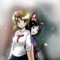 Rule 34 | 2girls, 4chan, :&gt;, animal ears, black hair, blonde hair, blush stickers, bow, cat ears, cat tail, green eyes, hair bow, hair ribbon, moot, multiple girls, ribbon, sleeves pushed up, smile, snowing, solid circle eyes, tail, wt snacks