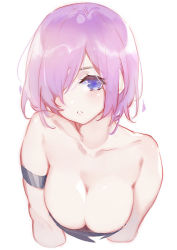 Rule 34 | 1girl, armlet, bare shoulders, blue eyes, breasts, cleavage, collarbone, fate/grand order, fate (series), female focus, hair over one eye, large breasts, light purple hair, looking at viewer, mash kyrielight, parted lips, short hair, simple background, solo, strapless, upper body, white background, xiaoshou xiansheng